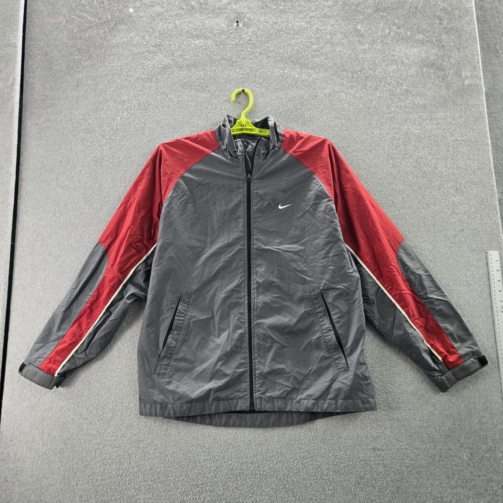 VINTAGE Nike Men Jacket M Gray Nylon Polyester Windbreaker Colorblock Logo READ